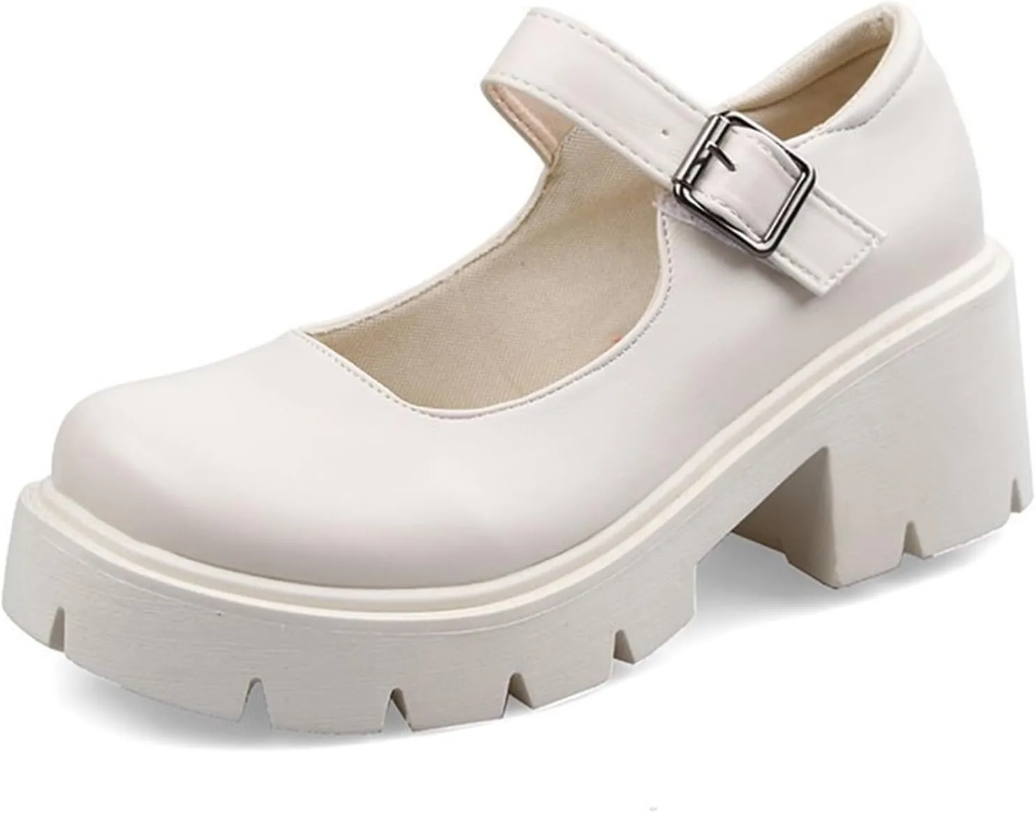 Women's Leather Chunky Platform Mary Jane Shoes Classic Round Toe Ankle Strap Chunky Heel Lug Sole Work Dress Pumps
