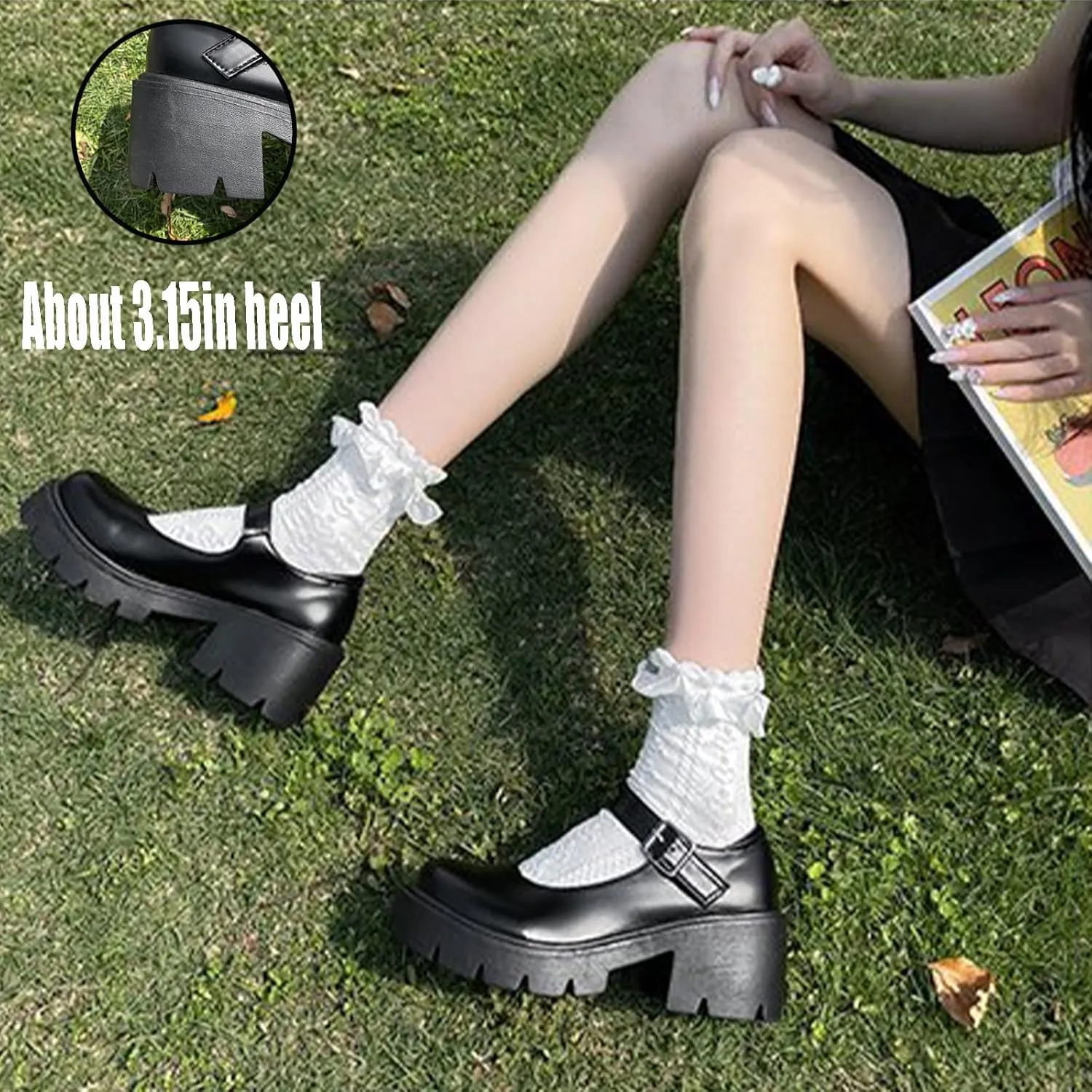 Women's Leather Chunky Platform Mary Jane Shoes Classic Round Toe Ankle Strap Chunky Heel Lug Sole Work Dress Pumps