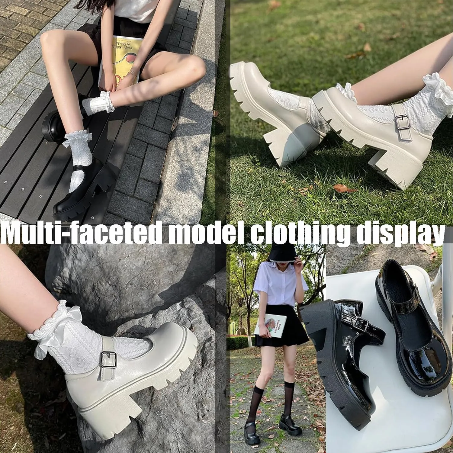 Women's Leather Chunky Platform Mary Jane Shoes Classic Round Toe Ankle Strap Chunky Heel Lug Sole Work Dress Pumps