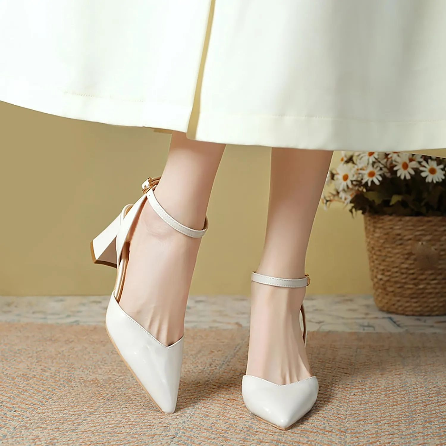 Women's Leather Pointed Toe Slingback Pumps with Ankle Strap Chunky Heel Wedding Business Dressy Shoes