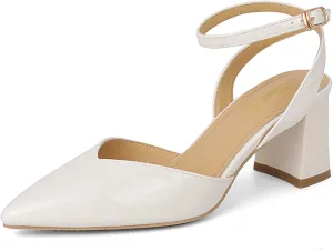 Women's Leather Pointed Toe Slingback Pumps with Ankle Strap Chunky Heel Wedding Business Dressy Shoes