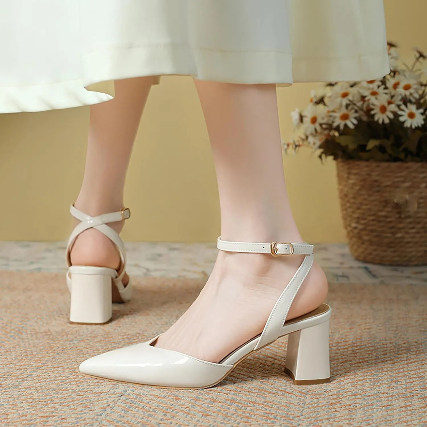 Women's Leather Pointed Toe Slingback Pumps with Ankle Strap Chunky Heel Wedding Business Dressy Shoes
