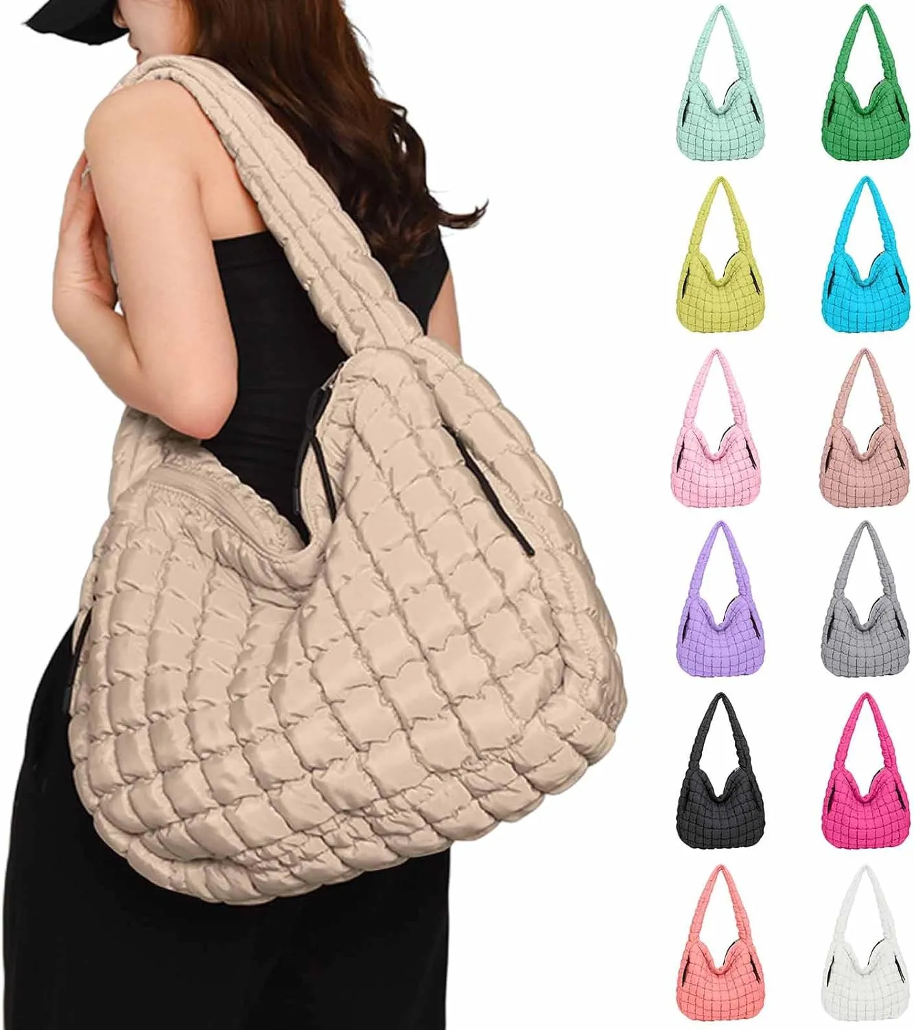 Womens Lightweight Quilted Carryall Gym Bag Soft Puffer Tote Bag Big Capacity Hobo Purse Beach Handbag
