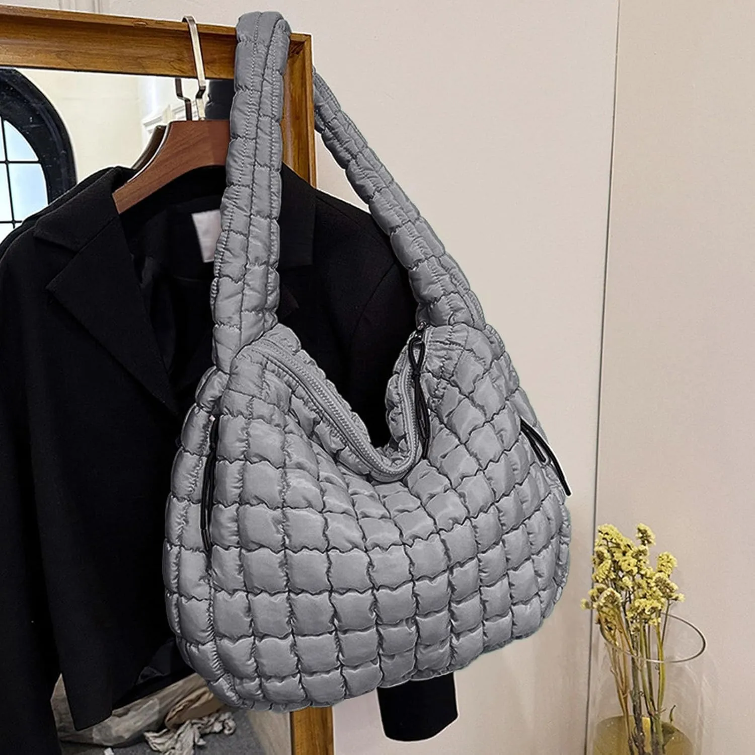 Womens Lightweight Quilted Carryall Gym Bag Soft Puffer Tote Bag Big Capacity Hobo Purse Beach Handbag