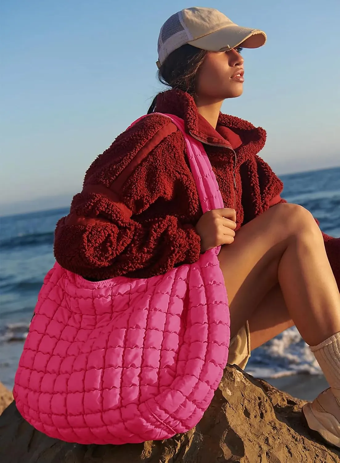 Womens' Lightweight Quilted Carryall GYM Tote Bag Puffer Crossbody Bag Soft Puffy Boho Handbags Big Capacity Purse