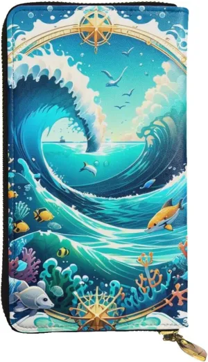 Women's Long Cash Wallet, PU Leather Elegant Clutch Change Purses with Zipper, Travel, Gifts (Oceanic Harmony Print)