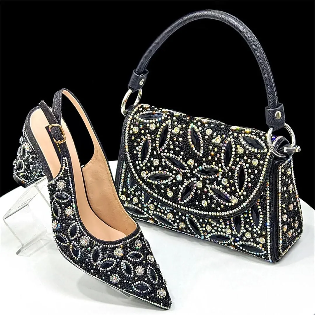 Women's Luxurious High Heel Pointed Toe Pump and Clutch Set with Crystal Embellishments for Evening Wear