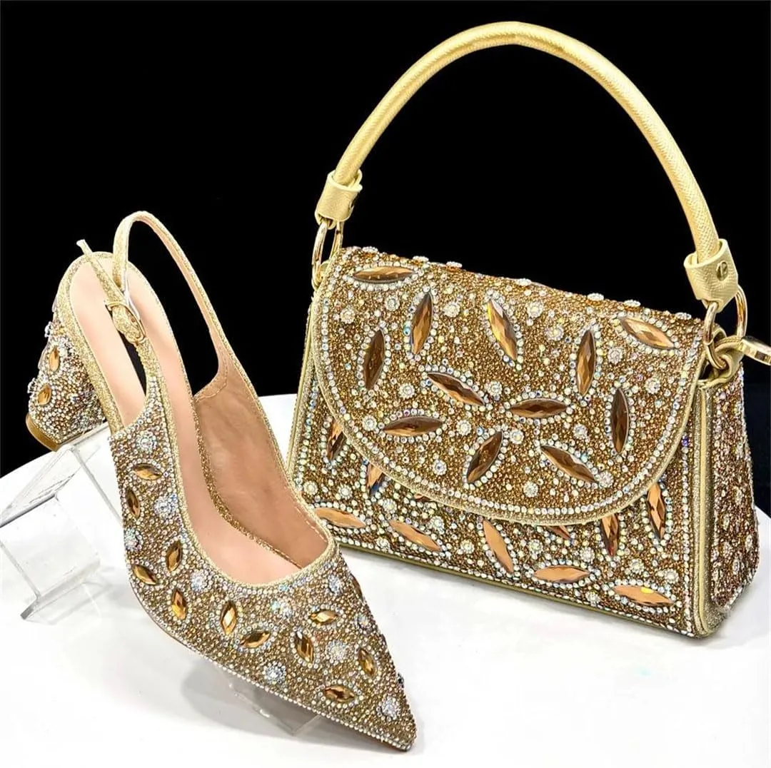 Women's Luxurious High Heel Pointed Toe Pump and Clutch Set with Crystal Embellishments for Evening Wear