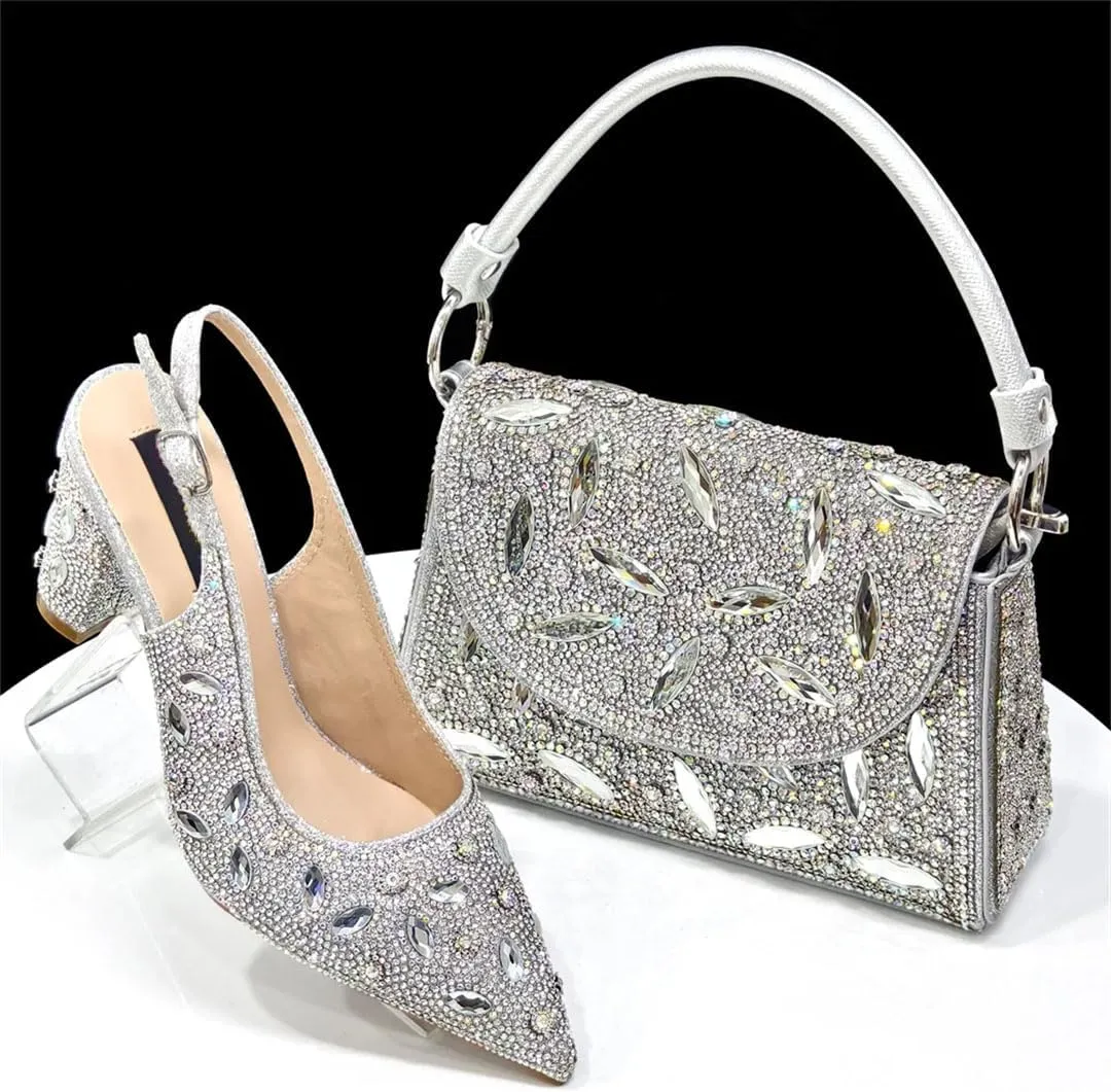 Women's Luxurious High Heel Pointed Toe Pump and Clutch Set with Crystal Embellishments for Evening Wear