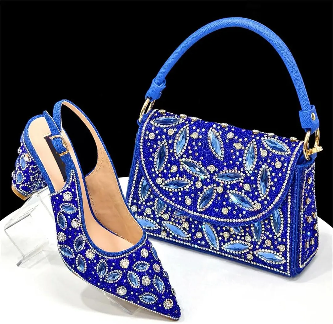 Women's Luxurious High Heel Pointed Toe Pump and Clutch Set with Crystal Embellishments for Evening Wear