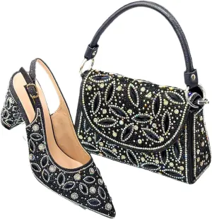 Women's Luxurious High Heel Pointed Toe Pump and Clutch Set with Crystal Embellishments for Evening Wear