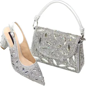 Women's Luxurious High Heel Pointed Toe Pump and Clutch Set with Crystal Embellishments for Evening Wear