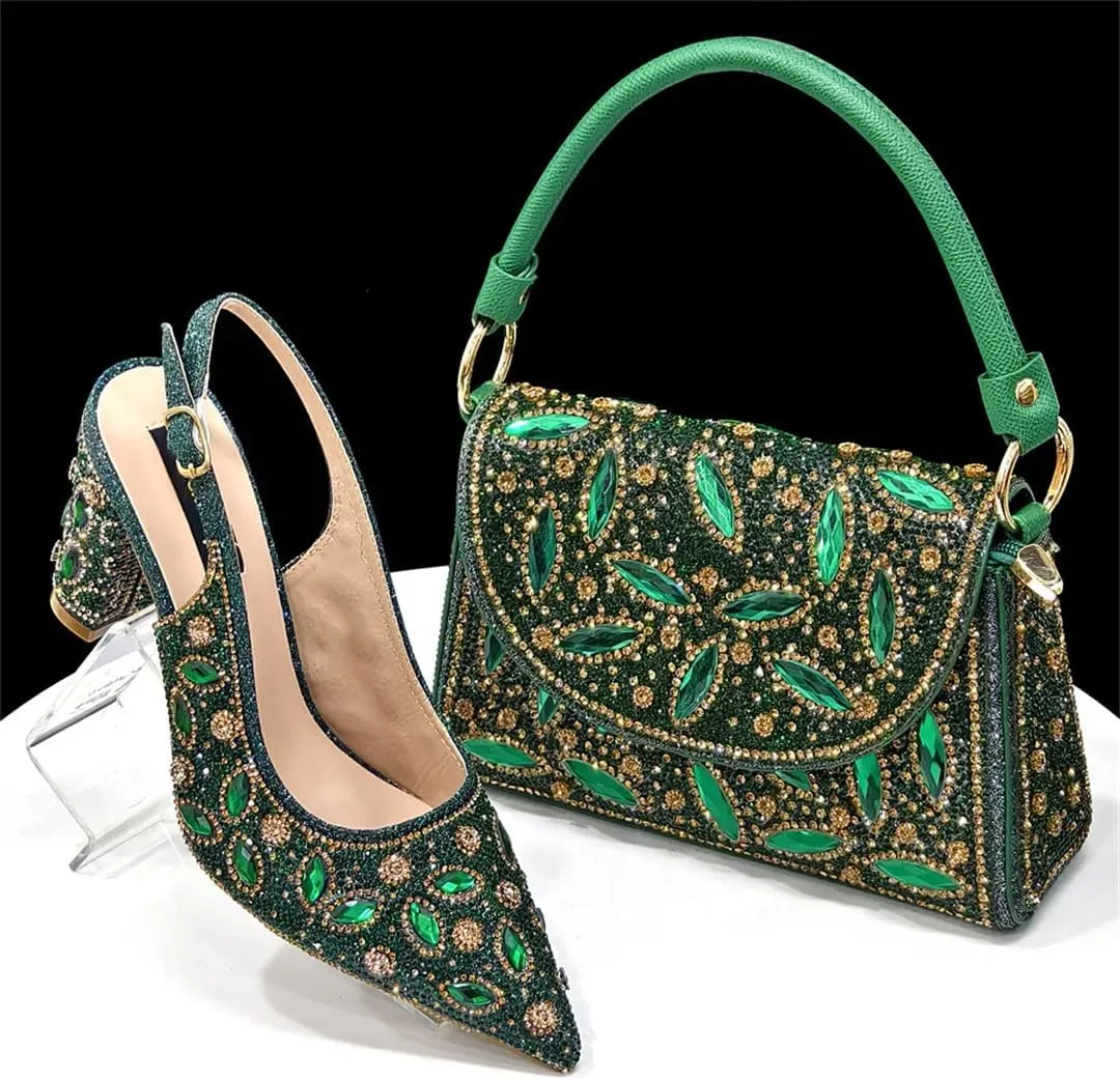 Women's Luxurious High Heel Pointed Toe Pump and Clutch Set with Crystal Embellishments for Evening Wear