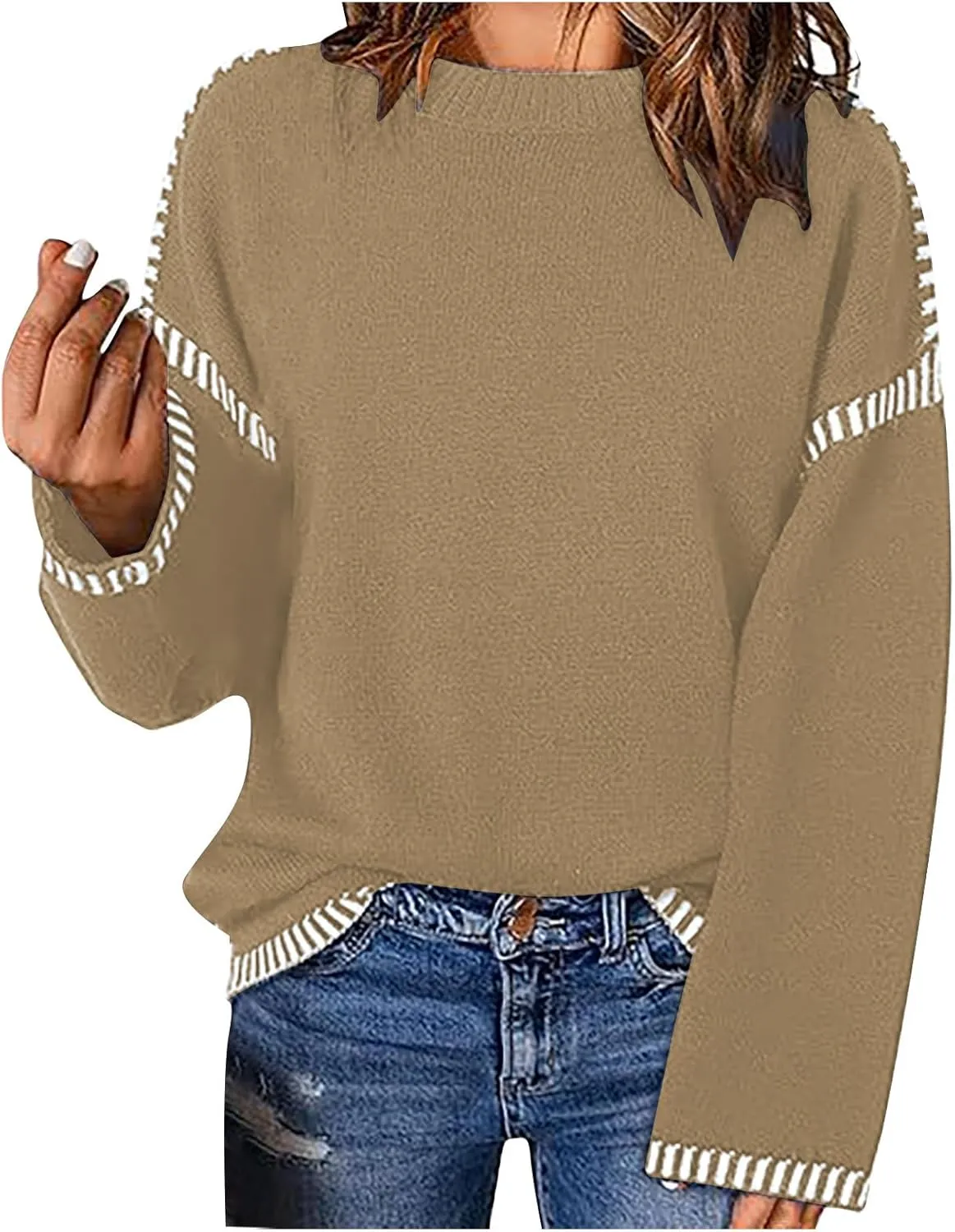 Womens Oversized Crewneck Sweatshirts Trendy 2024 Fall Long Sleeve Loose Knitted Pullover Sweater Tops Winter Outfits