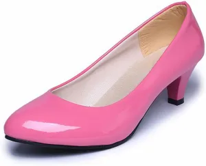 Women's Patent Leather Stiletto Heel Pumps Comfortable Round Toe Slip On Low Mid Heel Non Slip Business Office Dress Shoes