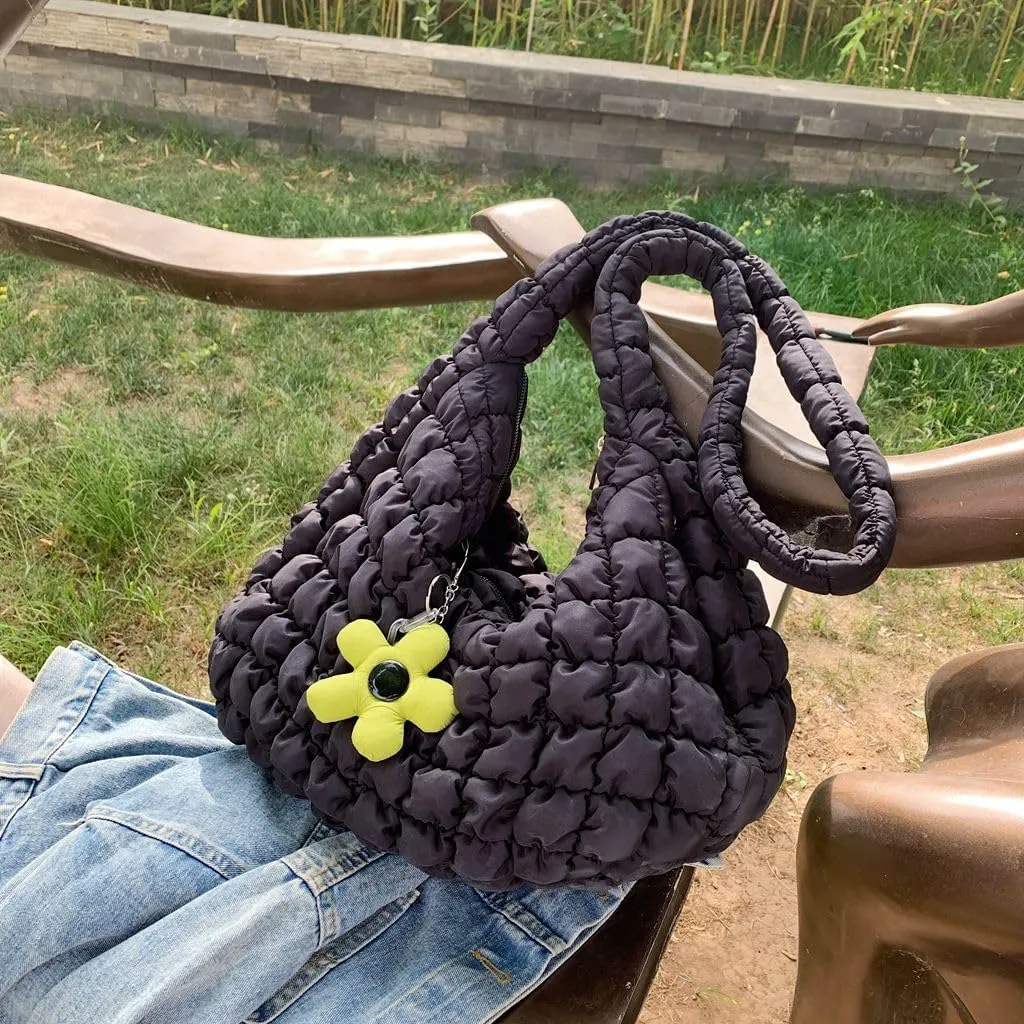 Women's Quilted Handbag Nylon Puffer Shoulder Bag Soft Puffy Tote Bag Lightweight Padding Underarm Hobo Bag