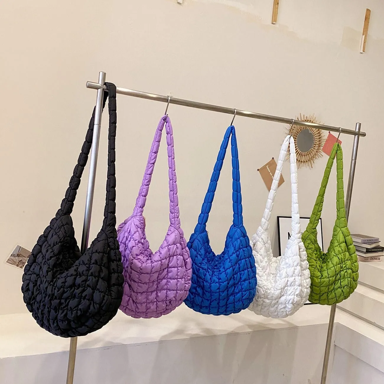 Women's Quilted Handbag Nylon Puffer Shoulder Bag Soft Puffy Tote Bag Lightweight Padding Underarm Hobo Bag