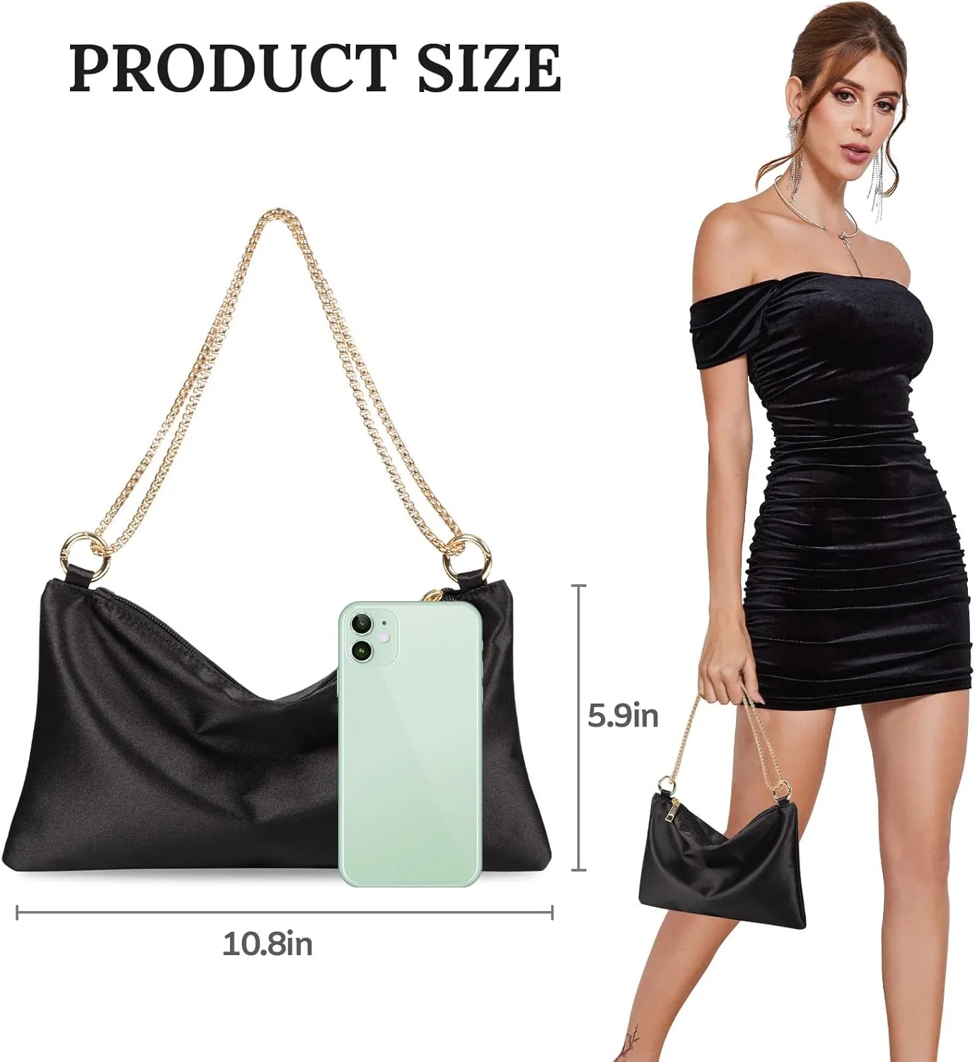 Women’s Satin Evening Bag Clutch Purse Handbag for Women Wedding Shoulder Bag with 2 Chains for Formal Cocktail Party