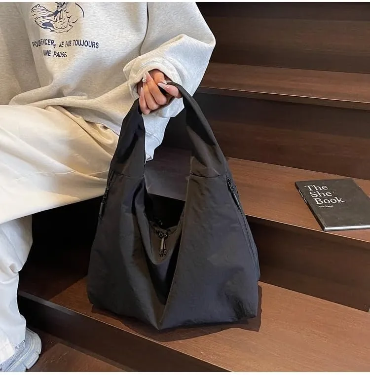 Women's Slouchy Crescent Hobo Bag Small Nylon Draped Tote Shoulder Dumpling Moon Bag Work Travel Handbags