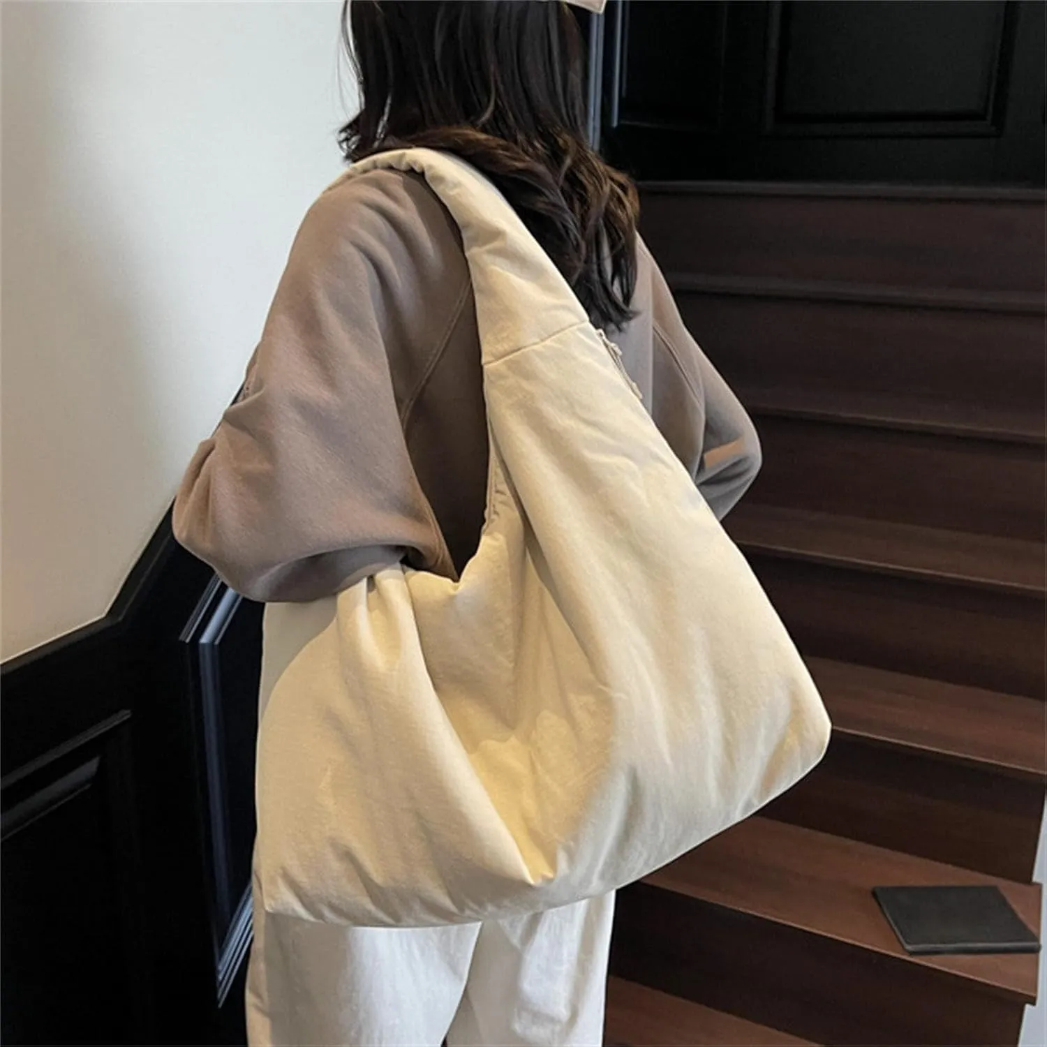 Women's Solid Color Draped Handbag Nylon Shoulder Bag Large Capacity Underarm Purse Slouchy Bag for Travel and Sports