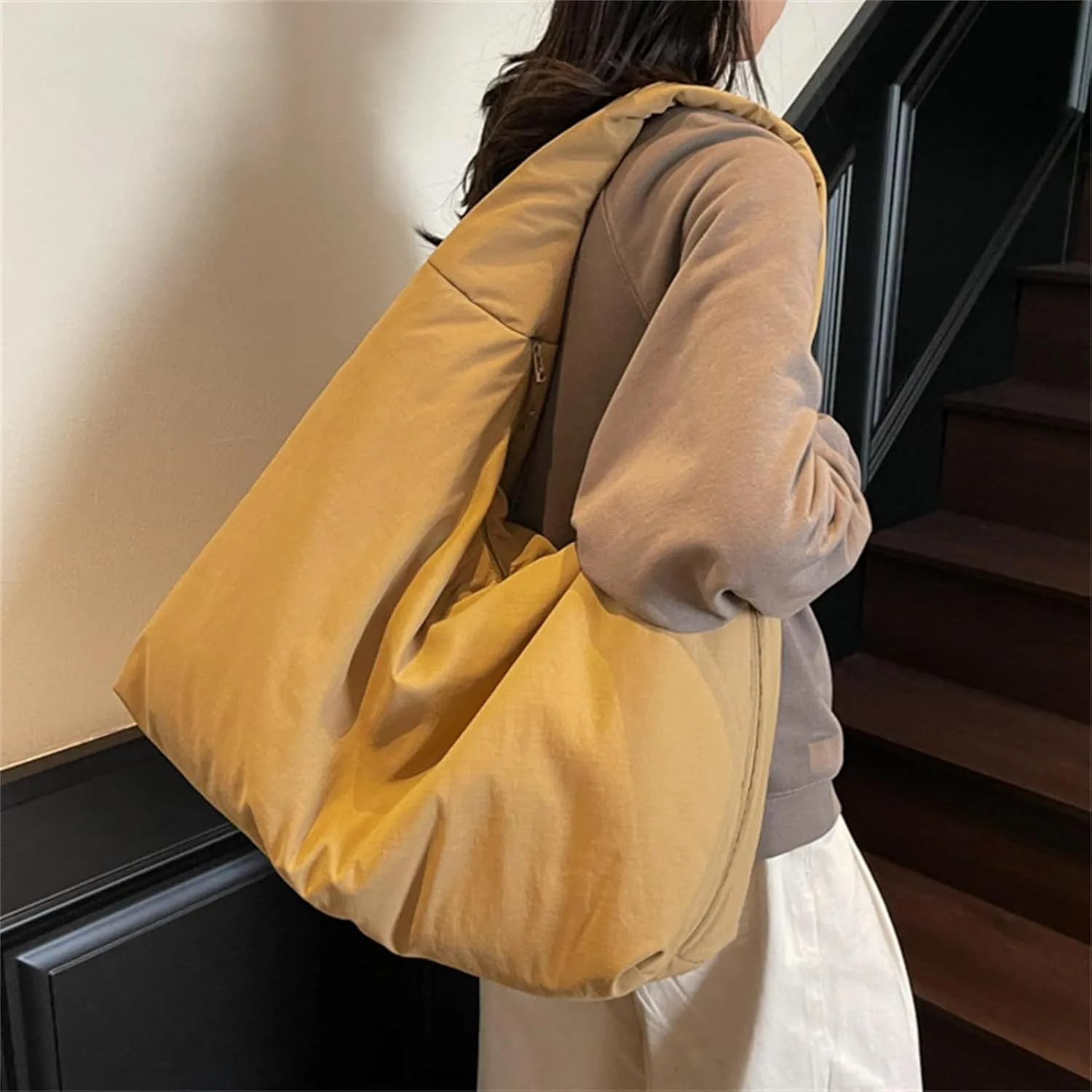 Women's Solid Color Draped Handbag Nylon Shoulder Bag Large Capacity Underarm Purse Slouchy Bag for Travel and Sports