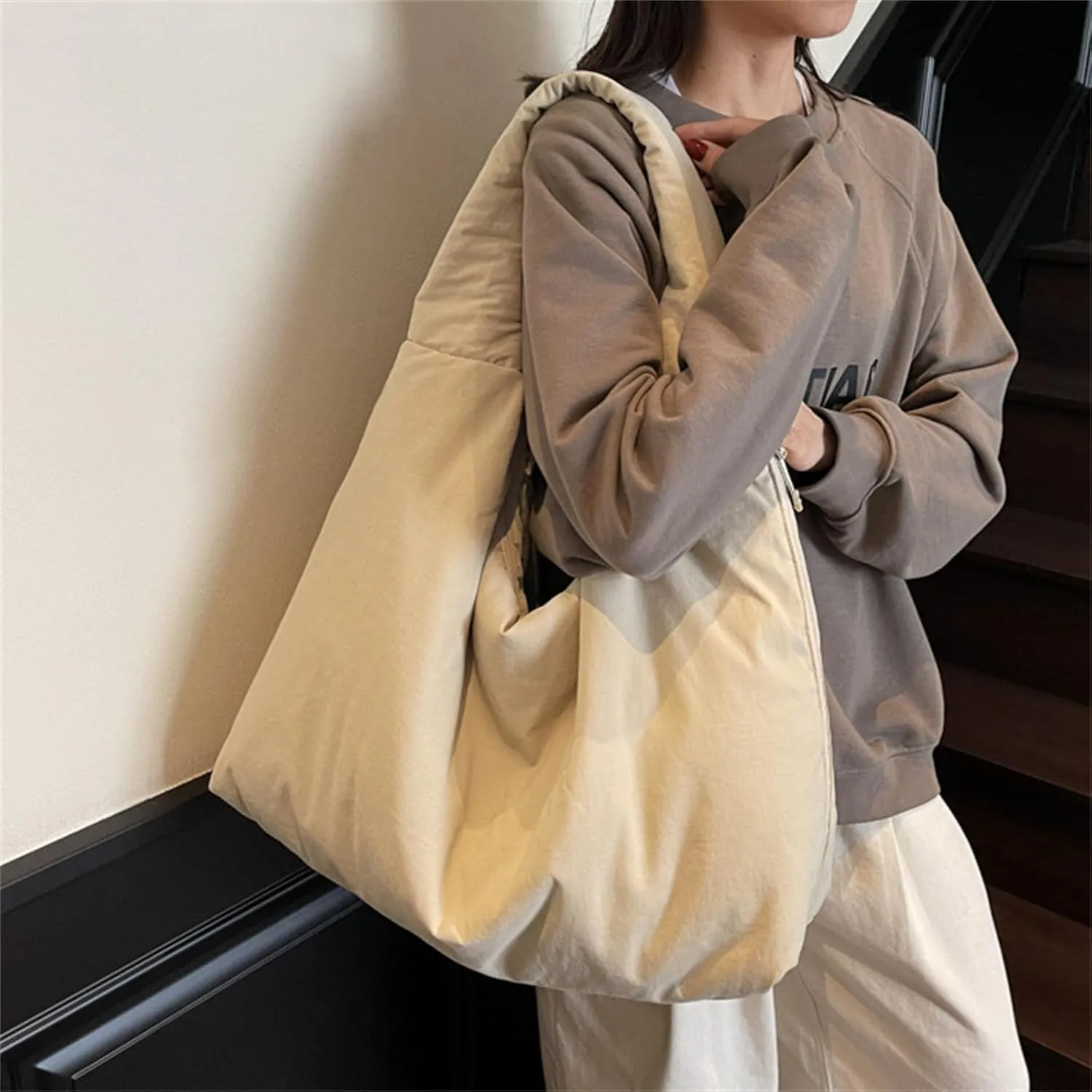 Women's Solid Color Draped Handbag Nylon Shoulder Bag Large Capacity Underarm Purse Slouchy Bag for Travel and Sports
