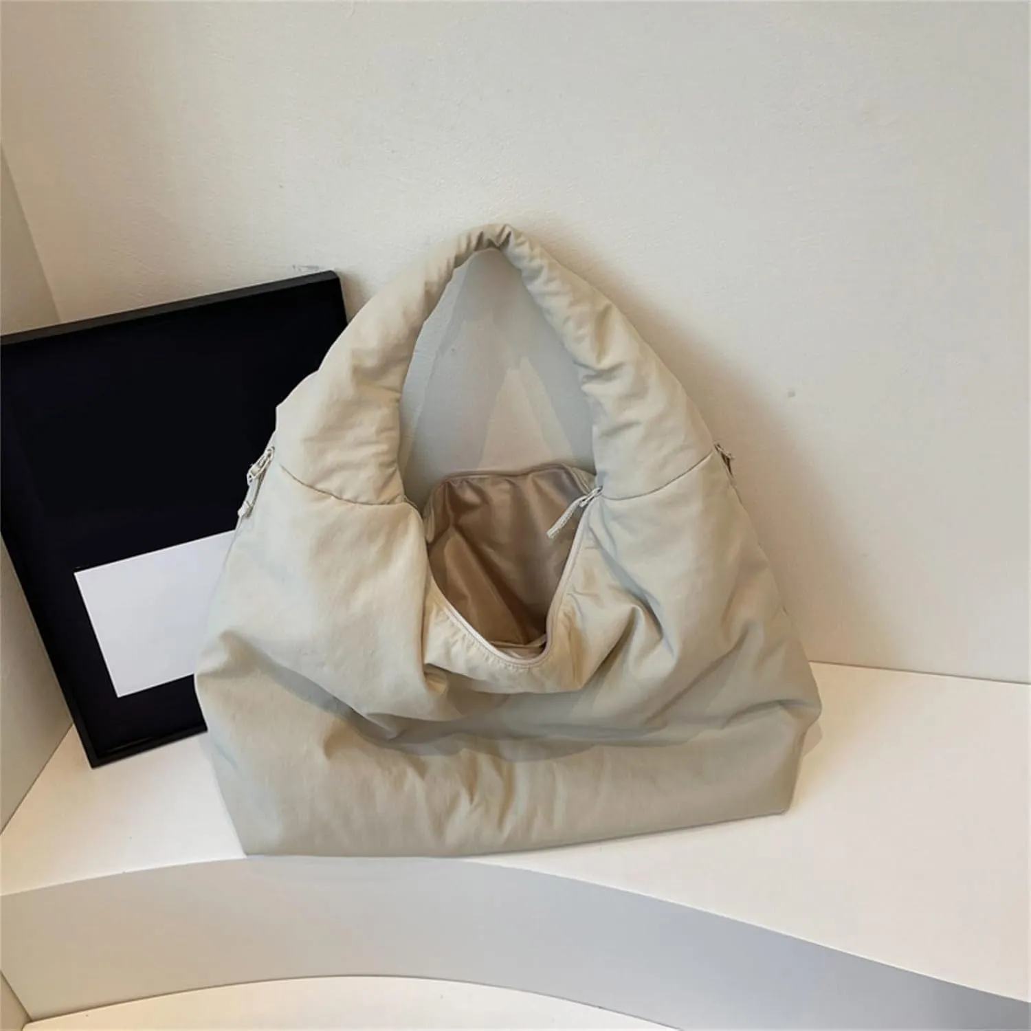 Women's Solid Color Draped Handbag Nylon Shoulder Bag Large Capacity Underarm Purse Slouchy Bag for Travel and Sports