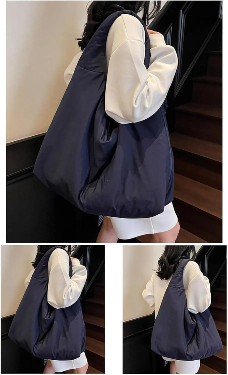 Women's Solid Color Draped Handbag Nylon Shoulder Bag Large Capacity Underarm Purse Slouchy Bag for Travel and Sports