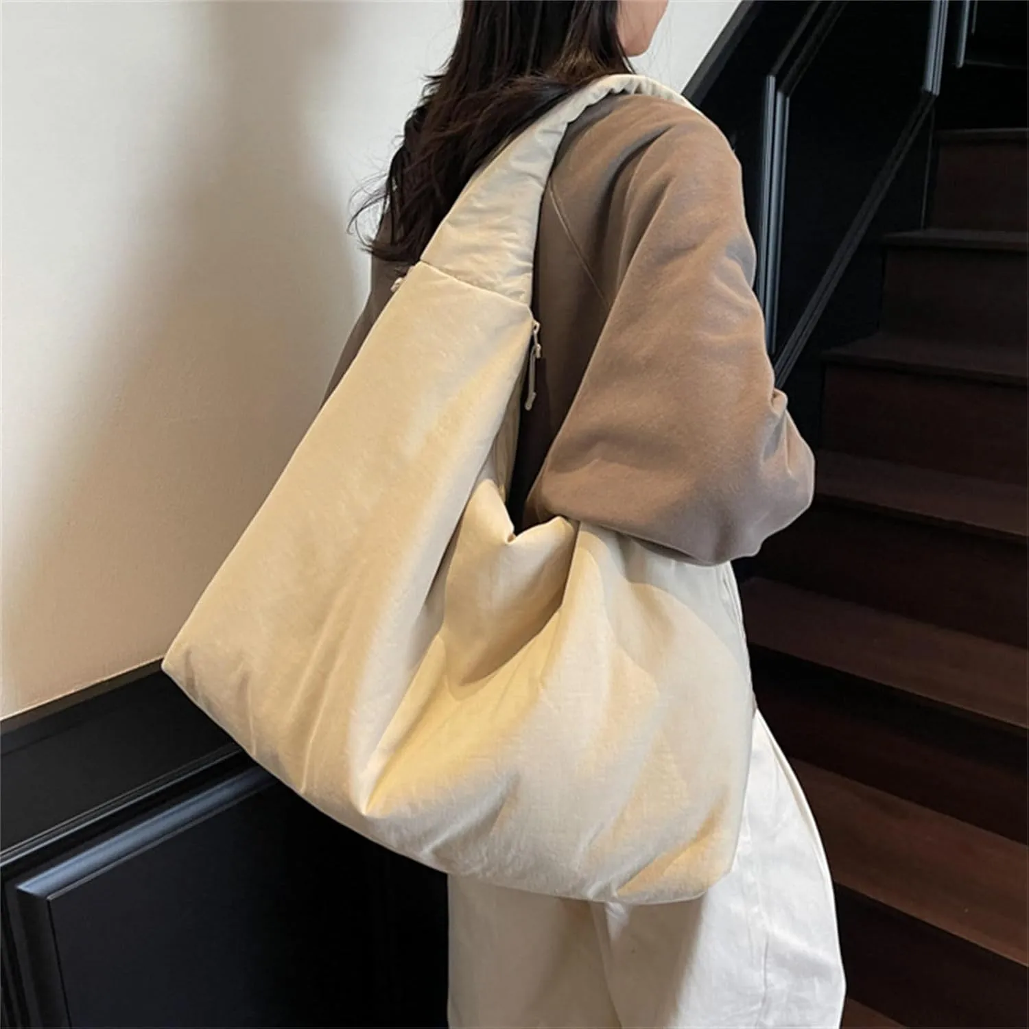 Women's Solid Color Draped Handbag Nylon Shoulder Bag Large Capacity Underarm Purse Slouchy Bag for Travel and Sports