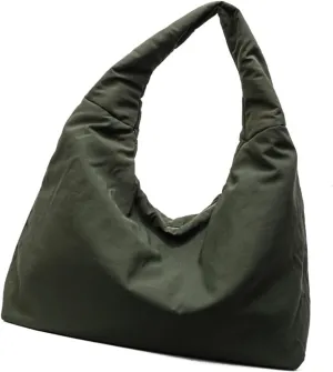 Women's Solid Color Draped Handbag Nylon Shoulder Bag Large Capacity Underarm Purse Slouchy Bag for Travel and Sports