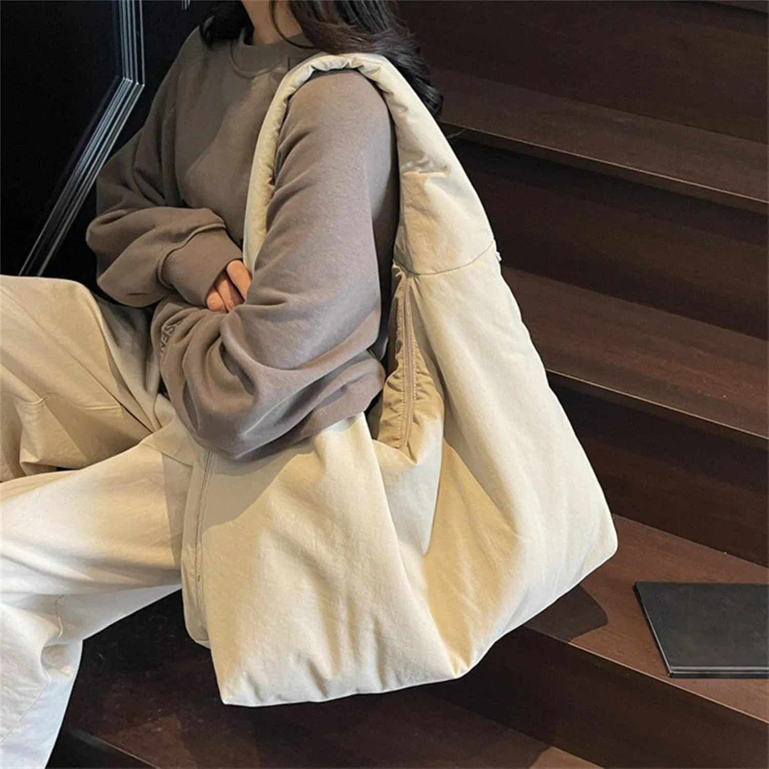 Women's Solid Color Draped Handbag Nylon Shoulder Bag Large Capacity Underarm Purse Slouchy Bag for Travel and Sports