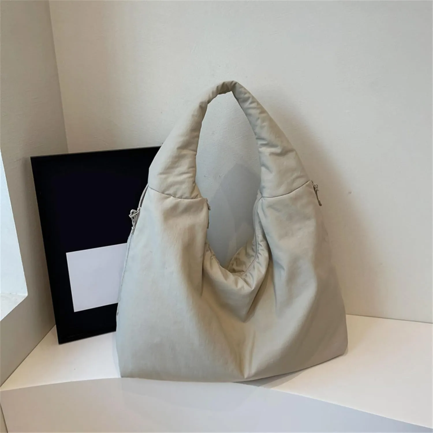 Women's Solid Color Draped Handbag Nylon Shoulder Bag Large Capacity Underarm Purse Slouchy Bag for Travel and Sports