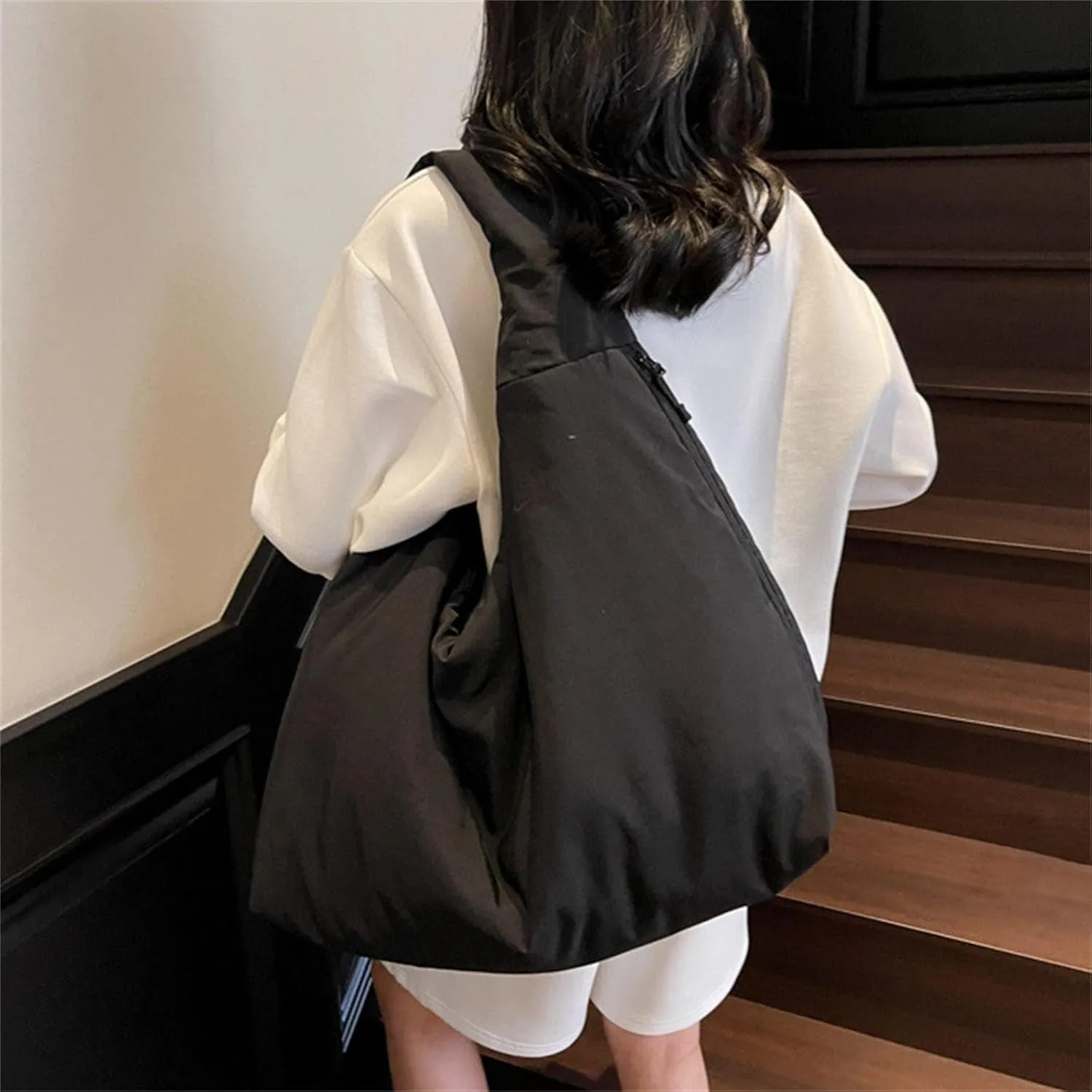 Women's Solid Color Draped Handbag Nylon Shoulder Bag Large Capacity Underarm Purse Slouchy Bag for Travel and Sports