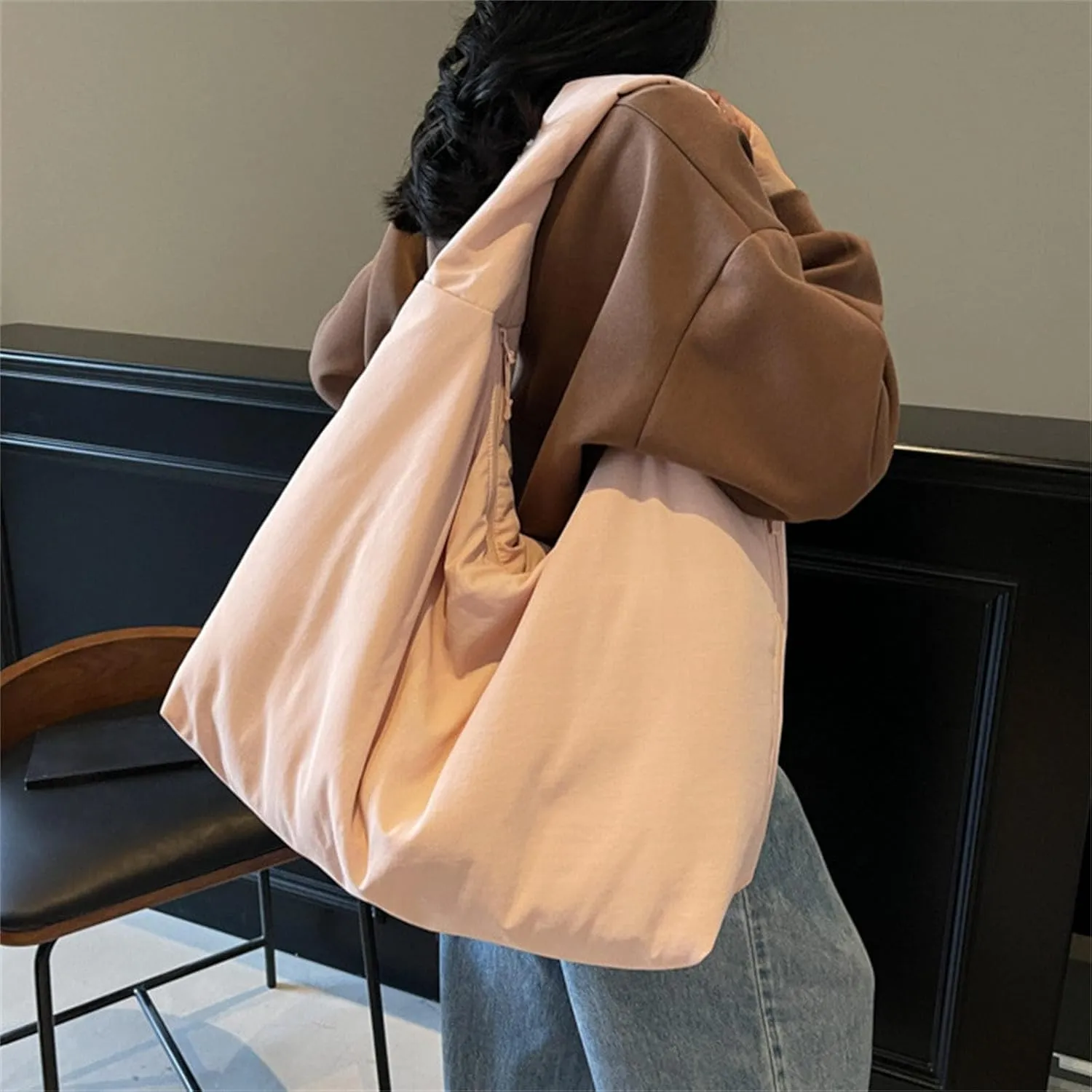 Women's Solid Color Draped Handbag Nylon Shoulder Bag Large Capacity Underarm Purse Slouchy Bag for Travel and Sports