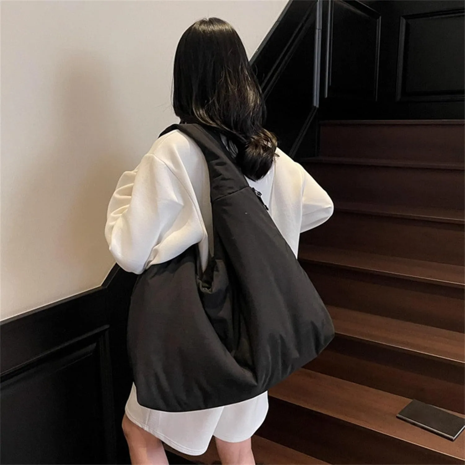 Women's Solid Color Draped Handbag Nylon Shoulder Bag Large Capacity Underarm Purse Slouchy Bag for Travel and Sports