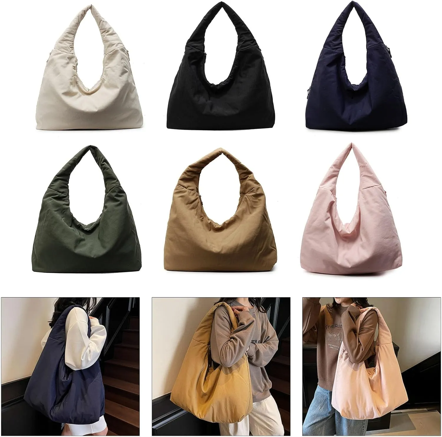 Women's Solid Color Draped Handbag Nylon Shoulder Bag Large Capacity Underarm Purse Slouchy Bag for Travel and Sports
