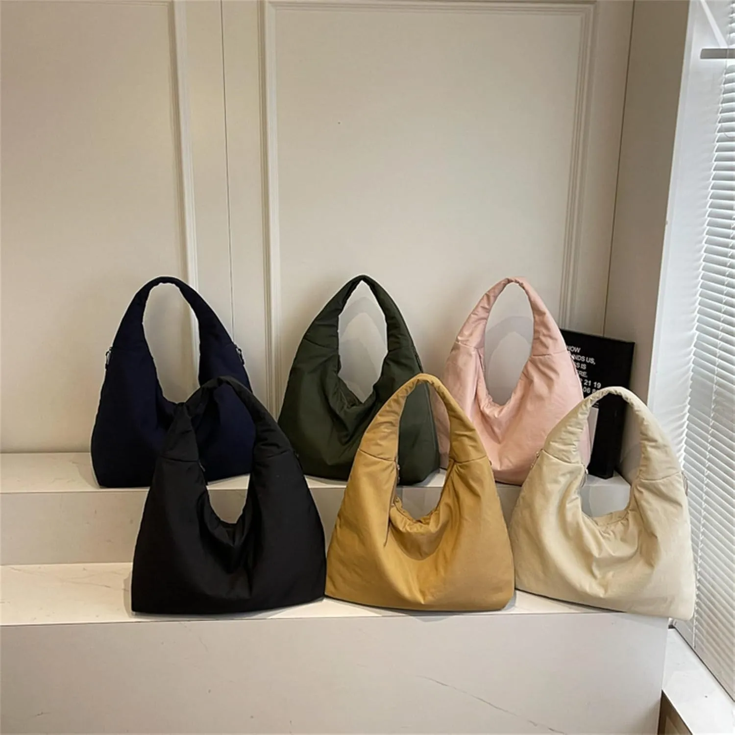 Women's Solid Color Draped Handbag Nylon Shoulder Bag Large Capacity Underarm Purse Slouchy Bag for Travel and Sports