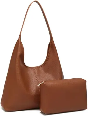 Women's Tote Handbag Soft PU Leather Hobo Purses 2Pcs Set Shoulder Bag with Pouch Shopper Work Top-handle Bag
