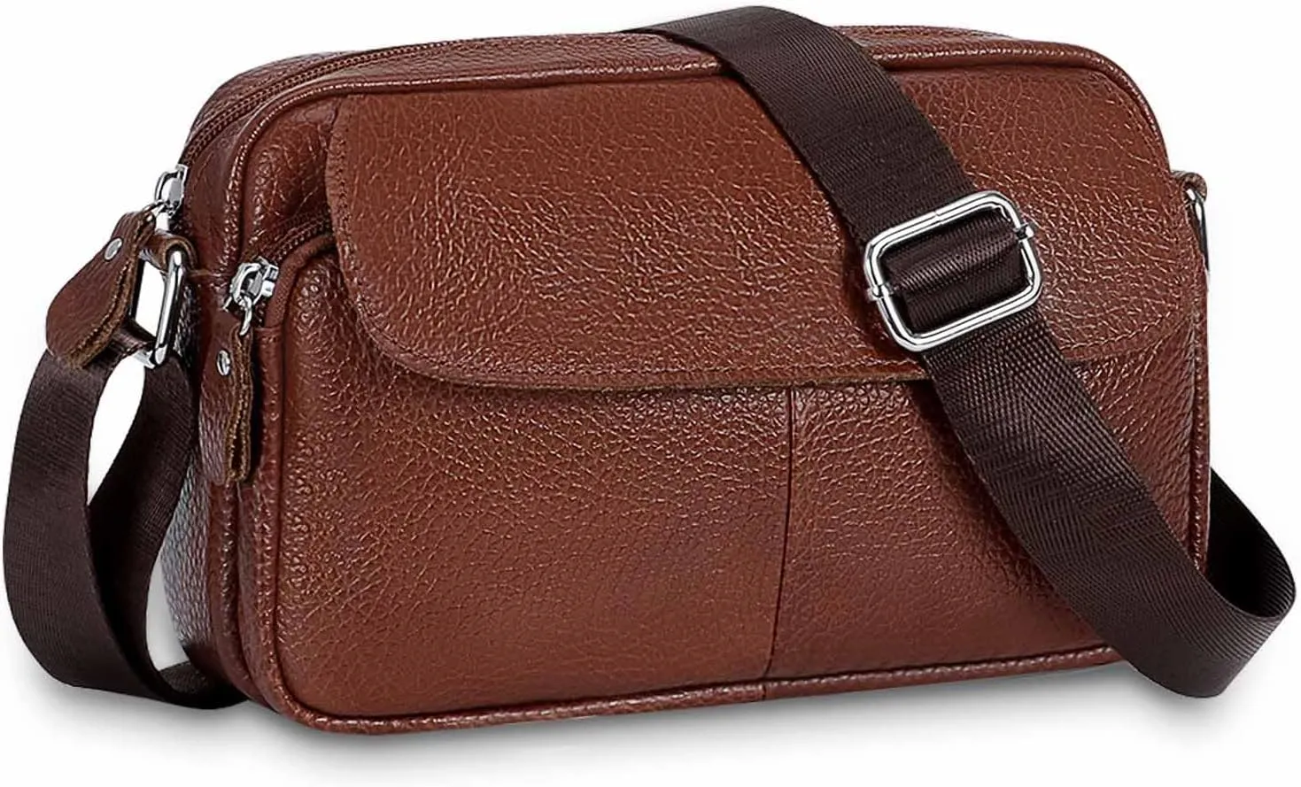 Women's Triple Zip Small Crossbody Bag with Wide Strap Camera Purse Genuine Leather Handbags Shoulder Satchel
