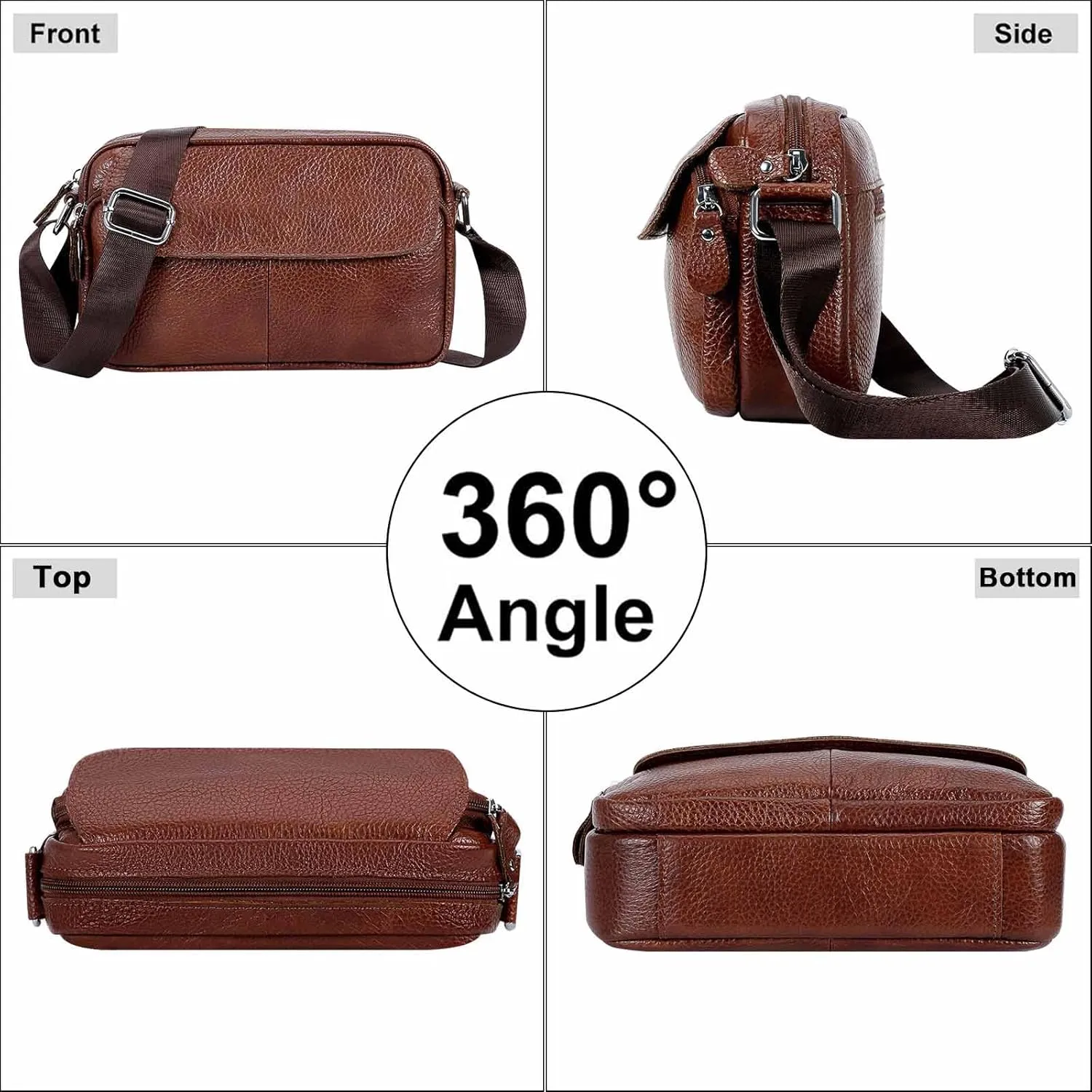 Women's Triple Zip Small Crossbody Bag with Wide Strap Camera Purse Genuine Leather Handbags Shoulder Satchel