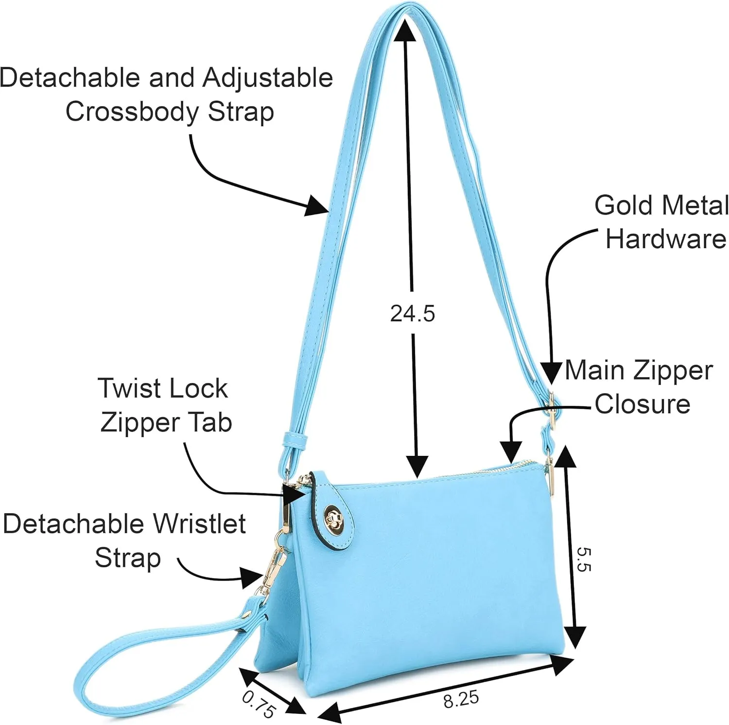 Women's Turn Lock Closure Wristlet Clutch and Crossbody, Multiple Compartment