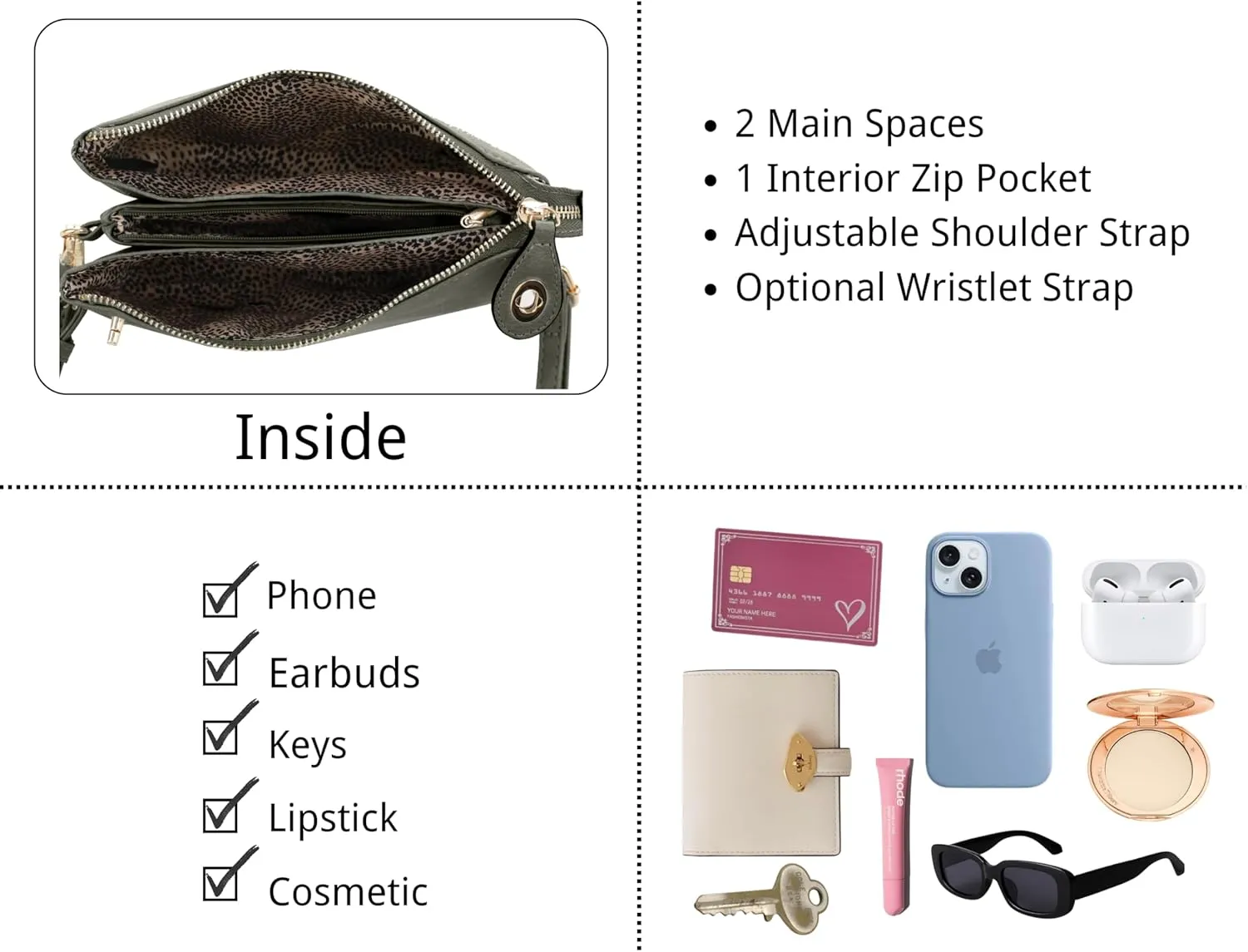 Women's Turn Lock Closure Wristlet Clutch and Crossbody, Multiple Compartment