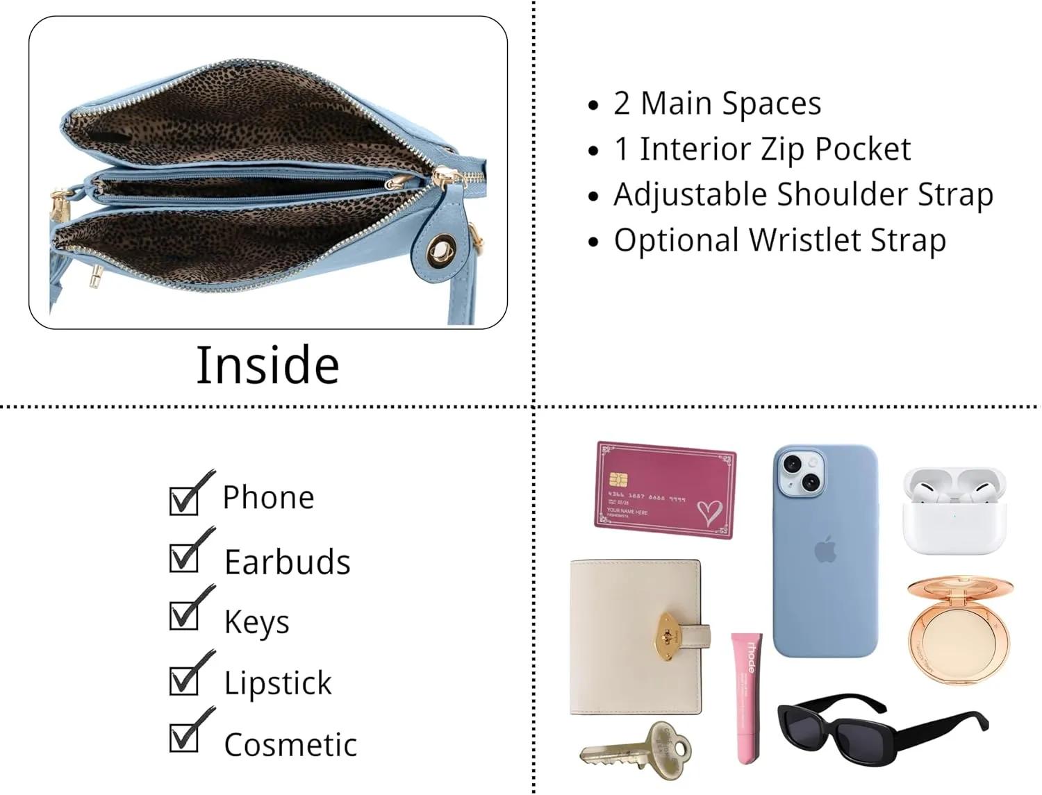 Women's Turn Lock Closure Wristlet Clutch and Crossbody, Multiple Compartment