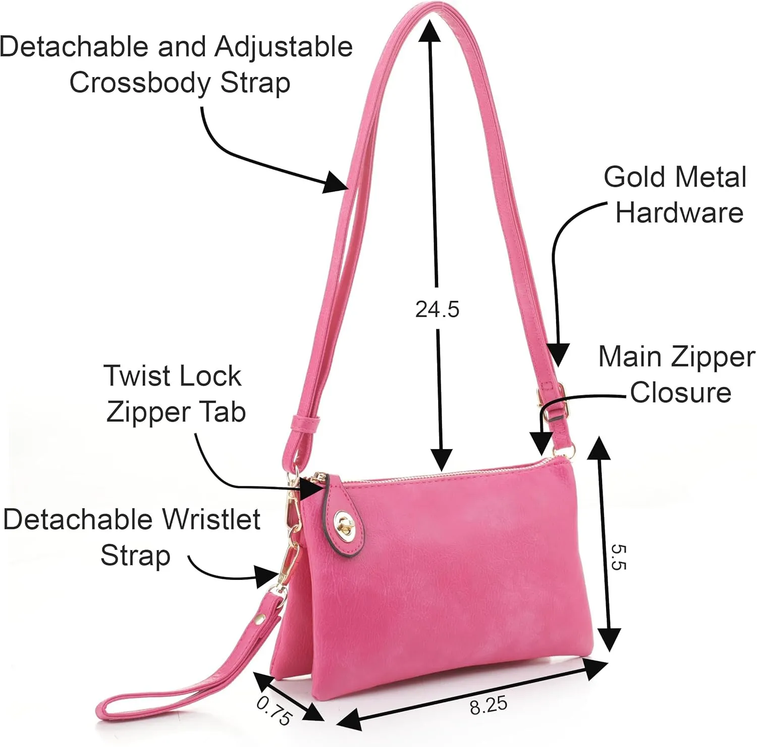 Women's Turn Lock Closure Wristlet Clutch and Crossbody, Multiple Compartment