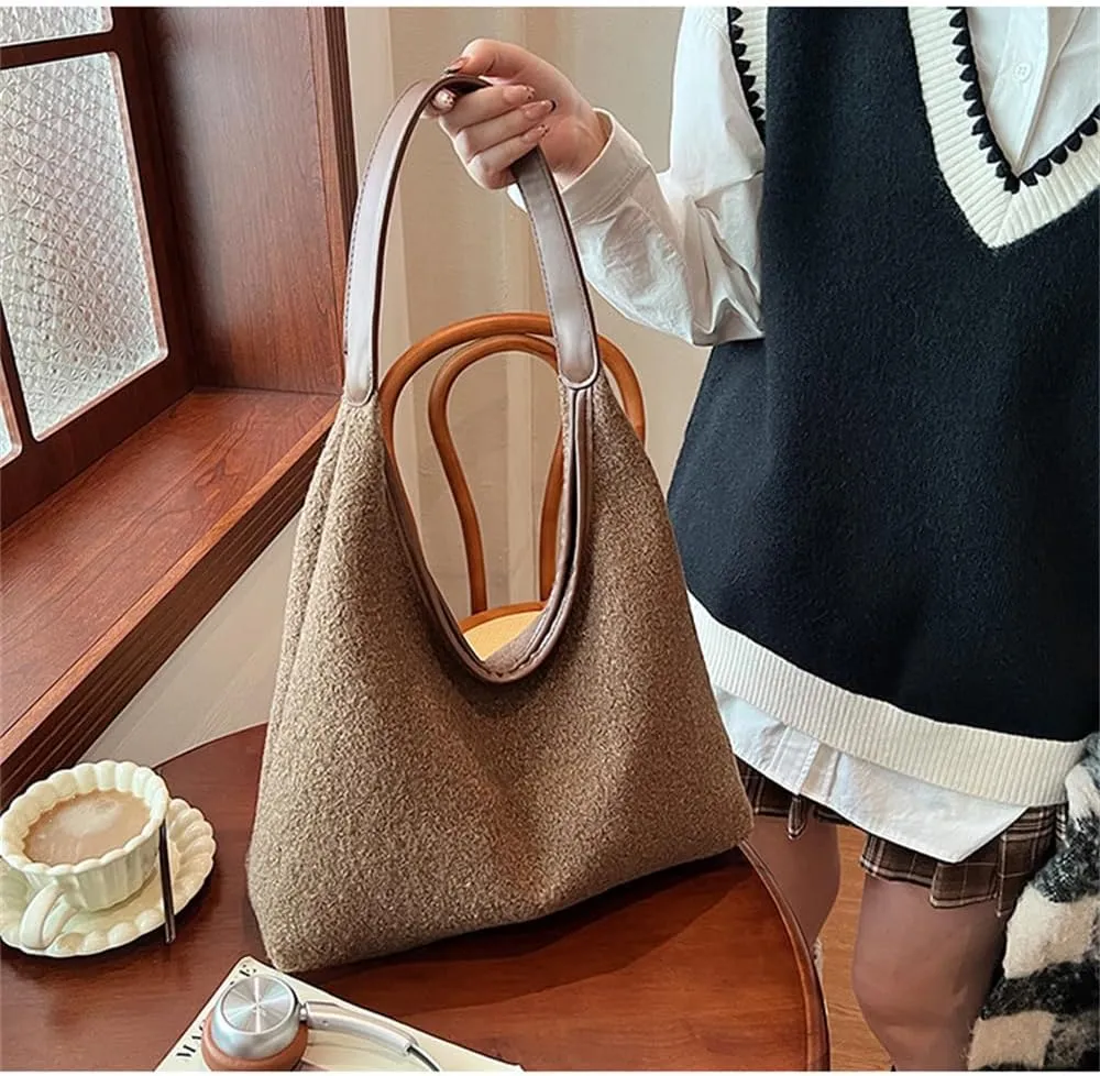 Woolen Crescent Shoulder Bag for Women Slouchy Suede Hobo Bag Wool Tote Handbag Casual Crescent Crossbody Purse