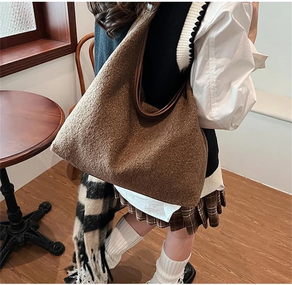 Woolen Crescent Shoulder Bag for Women Slouchy Suede Hobo Bag Wool Tote Handbag Casual Crescent Crossbody Purse