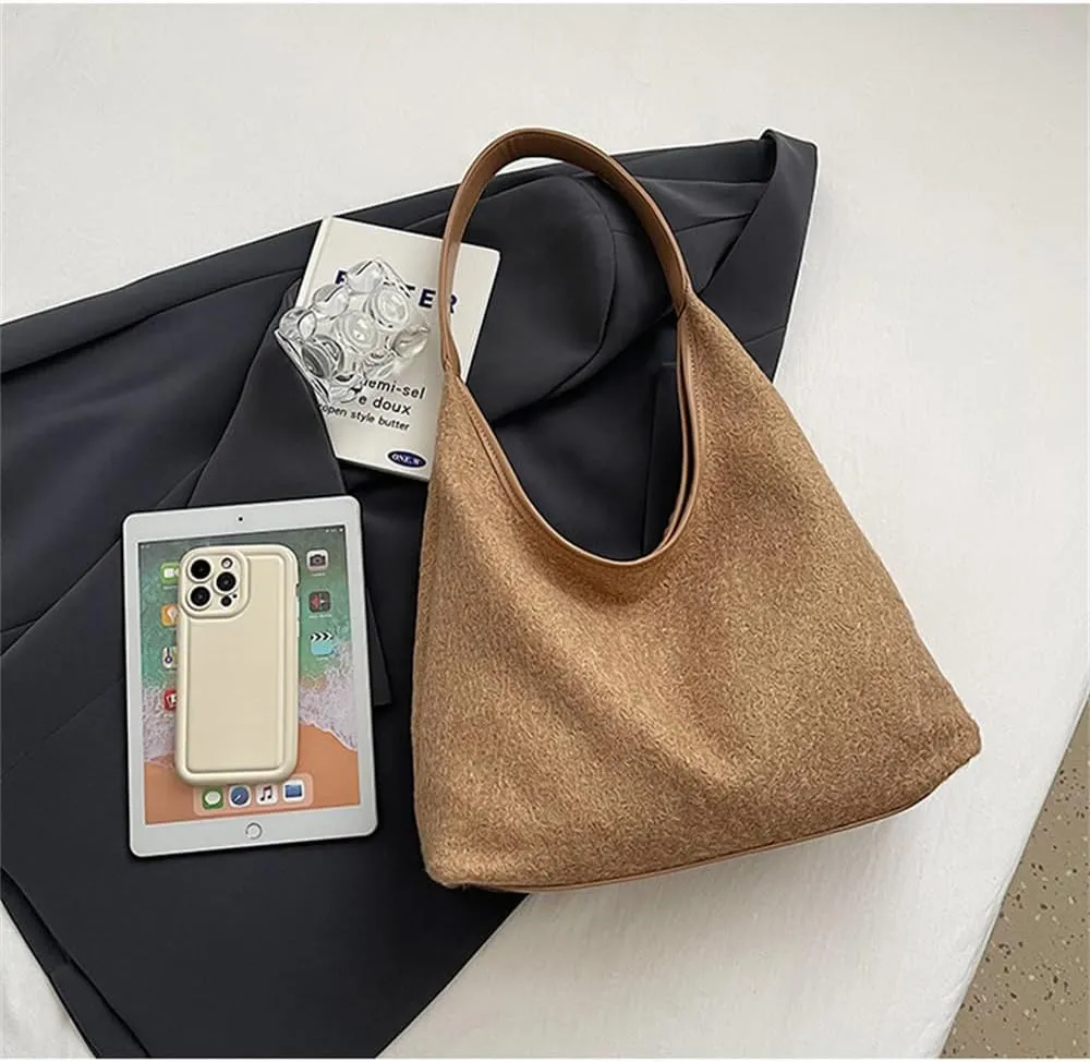 Woolen Crescent Shoulder Bag for Women Slouchy Suede Hobo Bag Wool Tote Handbag Casual Crescent Crossbody Purse
