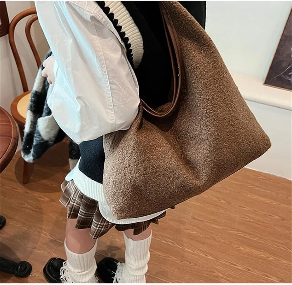 Woolen Crescent Shoulder Bag for Women Slouchy Suede Hobo Bag Wool Tote Handbag Casual Crescent Crossbody Purse