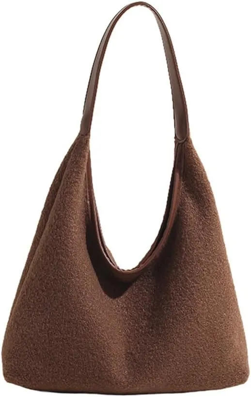Woolen Crescent Shoulder Bag for Women Slouchy Suede Hobo Bag Wool Tote Handbag Casual Crescent Crossbody Purse