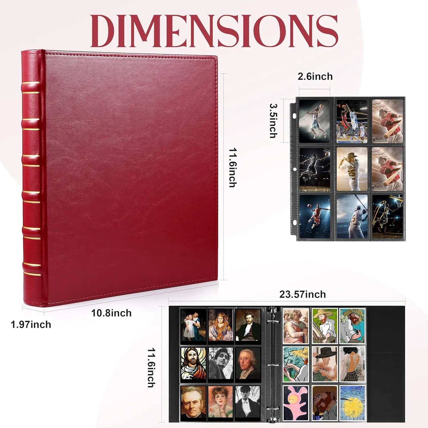WOT I Deluxe Trading Card Binder, 450 Pockets Collectible Card Binder Sleeves, Refillable Leather 3 Ring Binder with Side-load Pocket Card Pages for Holding Cherished Cards - Red